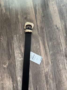 Good American Black Leather Belt with Gold Buckle